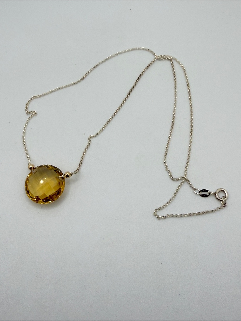 18" Briolette 17mm round CITRINE w/ checkerboard cut, sterling silver necklace!